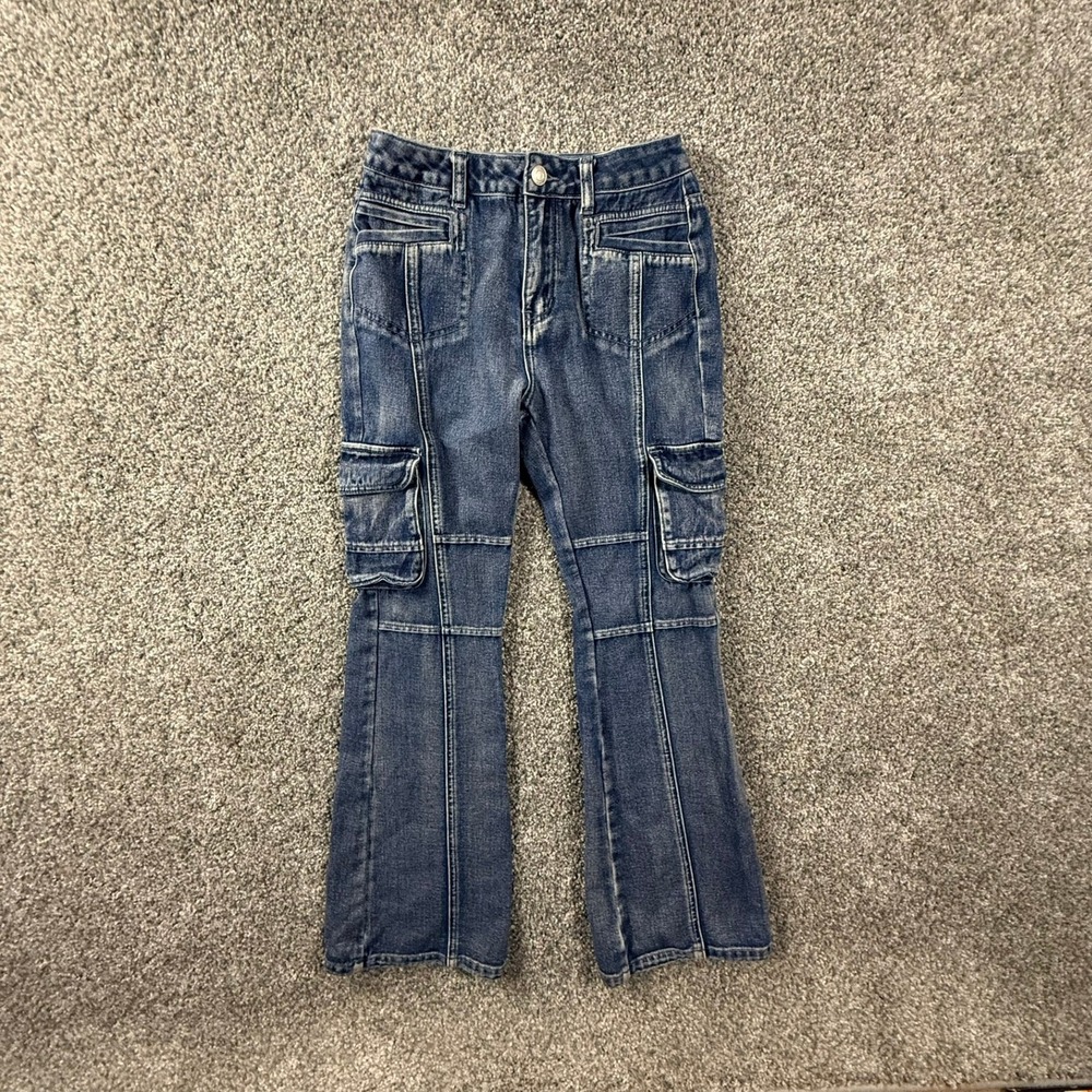 Aelfric Eden Blue Cargo Flare Jeans Womens 25 High Rise Paneled Utility Denim